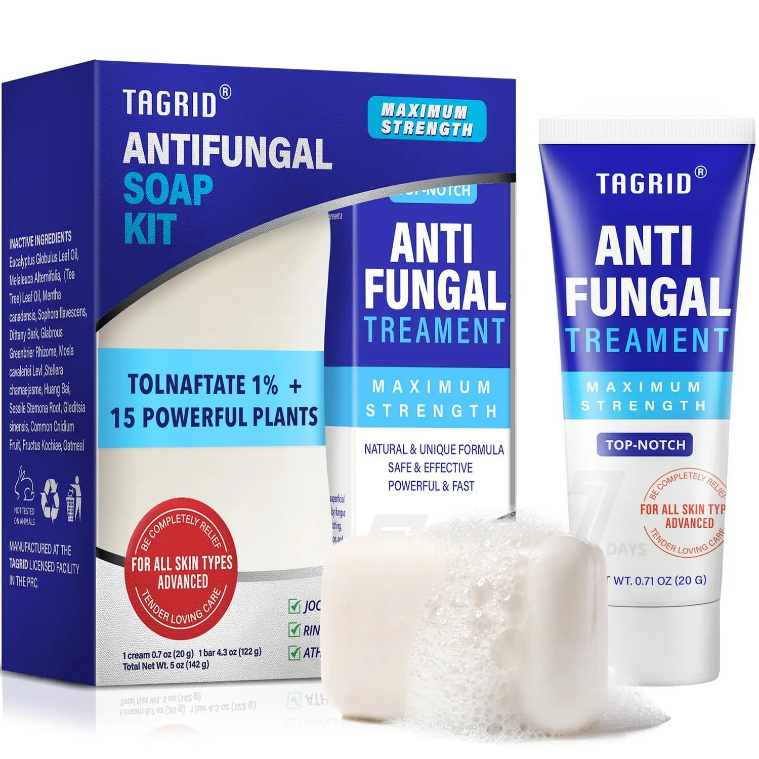 TAGRID Antifungal Soap Kit with Tea Tree Oil & Cream for Athlete's Foot, Jock Itch, Ringworm, Folliculitis, Tinea Versicolor Relief - Hypoallergenic, Paraben-Free, Fragrance-Free - Skin Repair Skin Repair