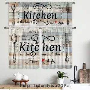 2pcs - Polyester - Teal Turquoise Kitchen Curtain Valance Set Rustic Wood Board Country Fork And Spoon Vintage Wood Modern Office Living Room Bedroom Dining Room Home Decor