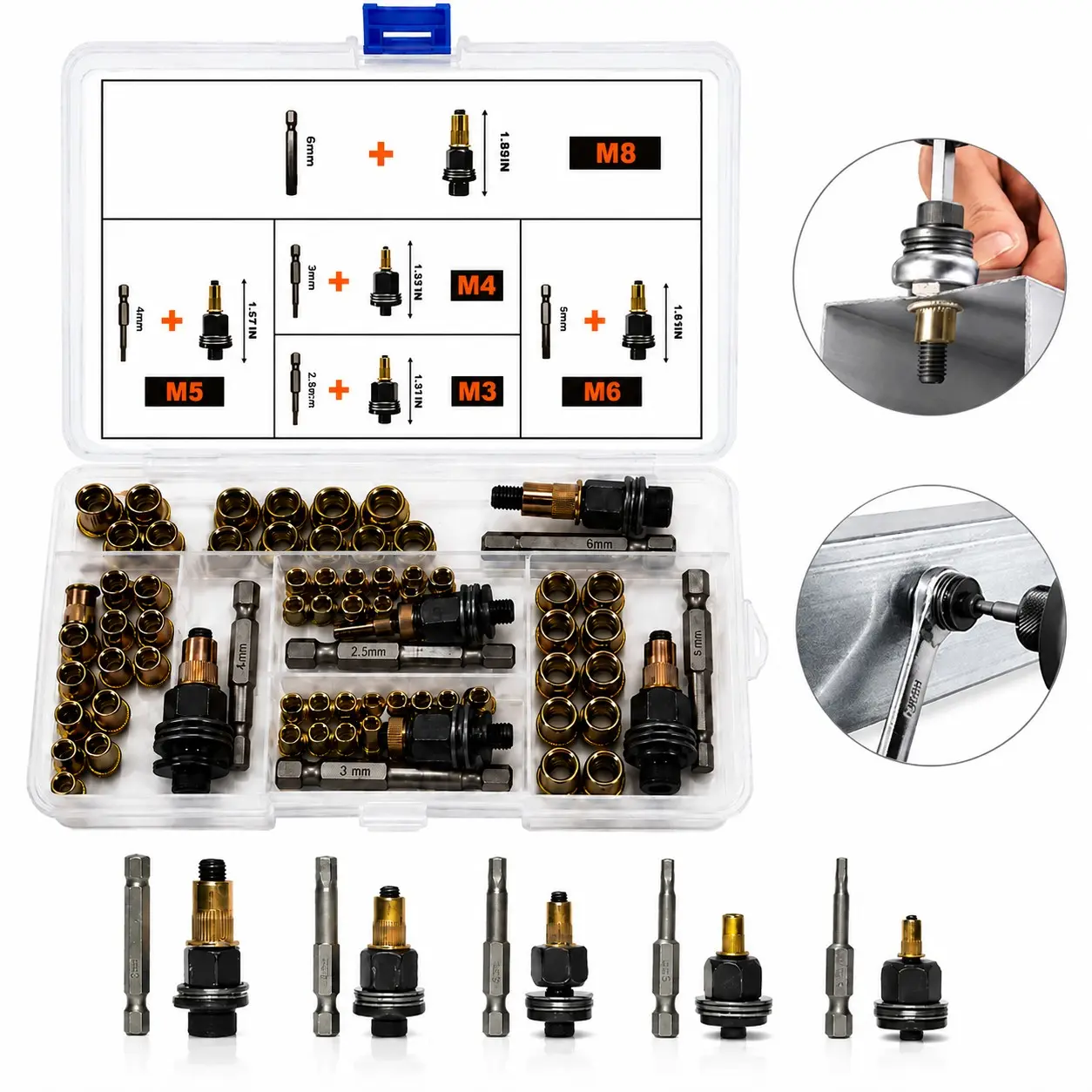 Manual Rivet Nut Tool Kit with M3-M8 Carbon Steel Threaded Insert Nuts, Manual-Drill Car Body Repair Fastener Tool for Metal Fixing, DIY Metalwork Applications, M3-M8 Sets