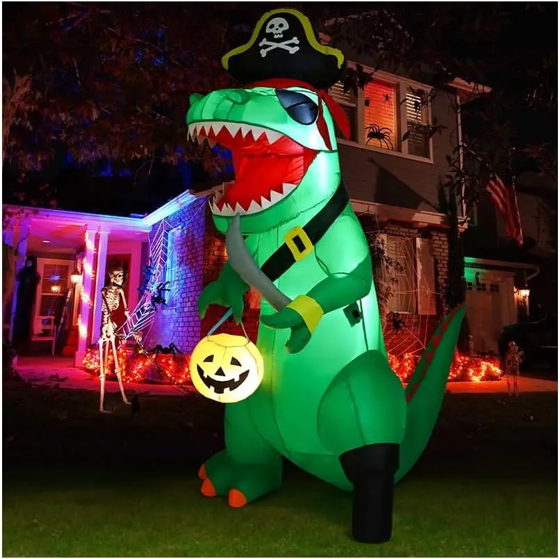 GOOSH 7ft Giant Inflatable Pirate Dinosaur Figure - Waterproof, Glowing Pumpkin Decor with Built-in LEDs for Halloween Garden, Lawn Festive Aesthetic Home Supplies, Water Proof, Glowing Pumpkin Outdoor Holiday Decor