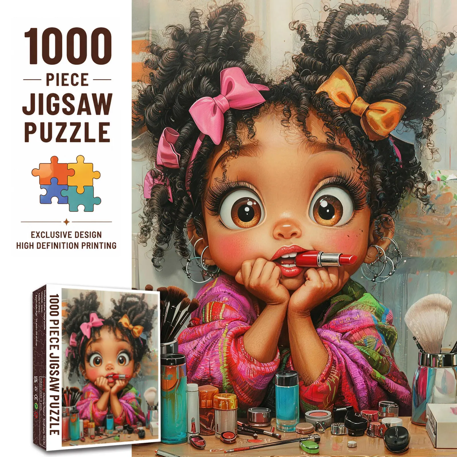 Walarky 1000-Piece Adorable Design Afro Girl Beauty Portrait Jigsaw Puzzle with Makeup Tools, Brain Teaser Puzzles, Stress-Relief Family Game, Wall Decor Gift for Adults, 70x50cm/27.5x20in