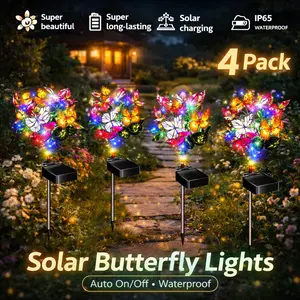 EVEDIOR-4Solar Outdoor Garden Decorative Lights 4-Pack 68 Butterfly Solar Lights with Colorful Bulbs Waterproof for Yard Patio Pathway Porch Lawn Independence Day Gifts for Women Moms