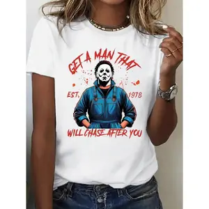 Halloween Horror Theme Women's Casual Graphic T-Shirt | "GET A for Man THAT" & "EST 1978" Print, Stretchy Round Neck Tee for Halloween Parties & Casual Attire, Themed Party Apparel, Bold Print Shirt, Comfortable Fit