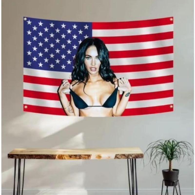 Megan Fox Nice   America  Tapestry, Megan Fox  US Flag 3x5 Ft Poster Wall Art Backdrop Party Decorative For College Dorm Home Decor Living Room Cotton Light Decoration Linen Print Mirrors