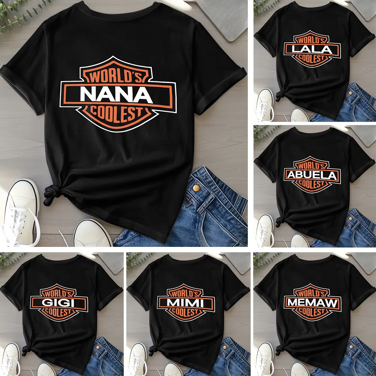 World's Coolest Grandma/Mom/Nana/Gigi Nickname Gift, Mother's Day Tee, Birthday Gift from Grandkids/Kids, Women's Casual Top, Back Print Font Cotton Shirt Clothes Printed