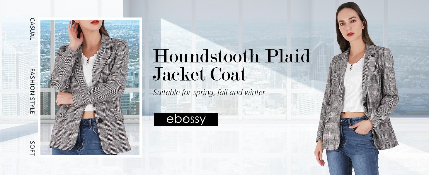 Ebossy Women's Houndstooth Plaid Blazer Jacket Notch Lapel Boyfriend Suit Casual Long Sleeve Fitted Outerwear with Flap Pockets Machine Washable Ebossy Women's Houndstooth Plaid Blazer Jacket Notch Lapel Boyfriend Suit Casual Long Sleeve Fitted Outerwear with Flap Pockets Machine Washable