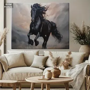 2D Flat, Large Black Horse Painting on Canvas - Galloping Horse Wall Art with Flowing Mane & Tail, Modern Farmhouse Decor, Hand-Stretched Wood Frame, Gallery-Wrapped for Living Room, Bedroom, Kitchen, Office - Indoor/ Use, Black & Brown Equestrian