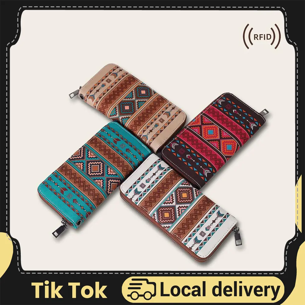 Women's Boho Chic Western RFID Blocking Polyester Wallet - Waterproof Small Travel Wristlet, All Over Geometric Print, Zippered Pockets, Credit Card Slots, Casual Wear, Everyday Carry, Western Accessory, Ideal Gift for Women, Lightweight Card Holder