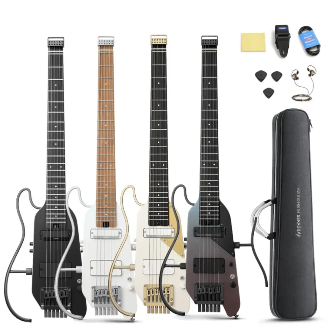 Donner HUSH-X PRO 6-String Mahogany Headless Guitar - Travel-Friendly Design, OLED Screen, Amplifier Modeling, Multi-Effects, 4 Color Options, Batteries Compatible, 12-Month Warranty