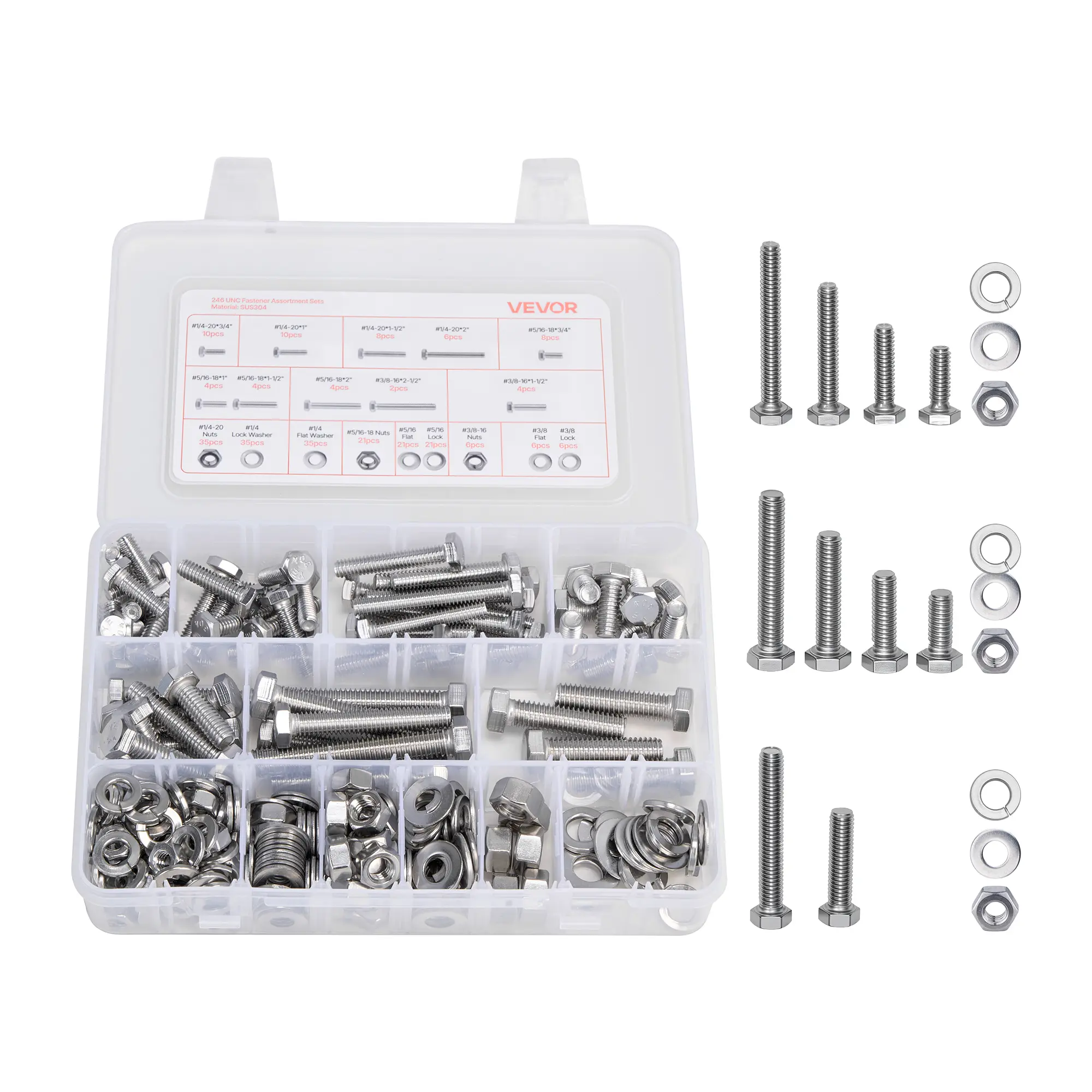 【Summerfinds】VEVOR 246 Pcs Bolts and Nuts Assortment Kit,Imperial Screws and Flat WashersStainless Steel 1/4-20,5/16-18,3/8-16Spring Lock Washers for Furniture / Equipment /Vehicle Assembly with Case
