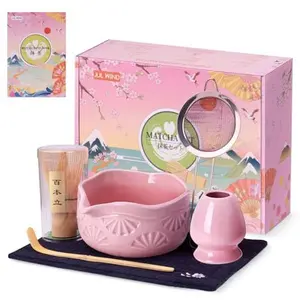 Matcha Whisk Set, Ceramic Matcha Set Includes Matcha Bowl with Spout, Matcha Whisk and Holder, Bamboo Scoop, Sifter and Tea Towel - 6 Pcs Matcha Kit Gift for Matcha Lovers (Pink)