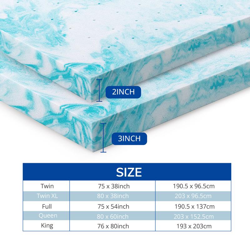 EGO Gel Memory Foam Mattress Topper, Blue - Upgraded Sleep Quality-Perfect Gift for a Cozy Sleep, 2/3 Inch Twin Full Queen King comfty  bed Contour
