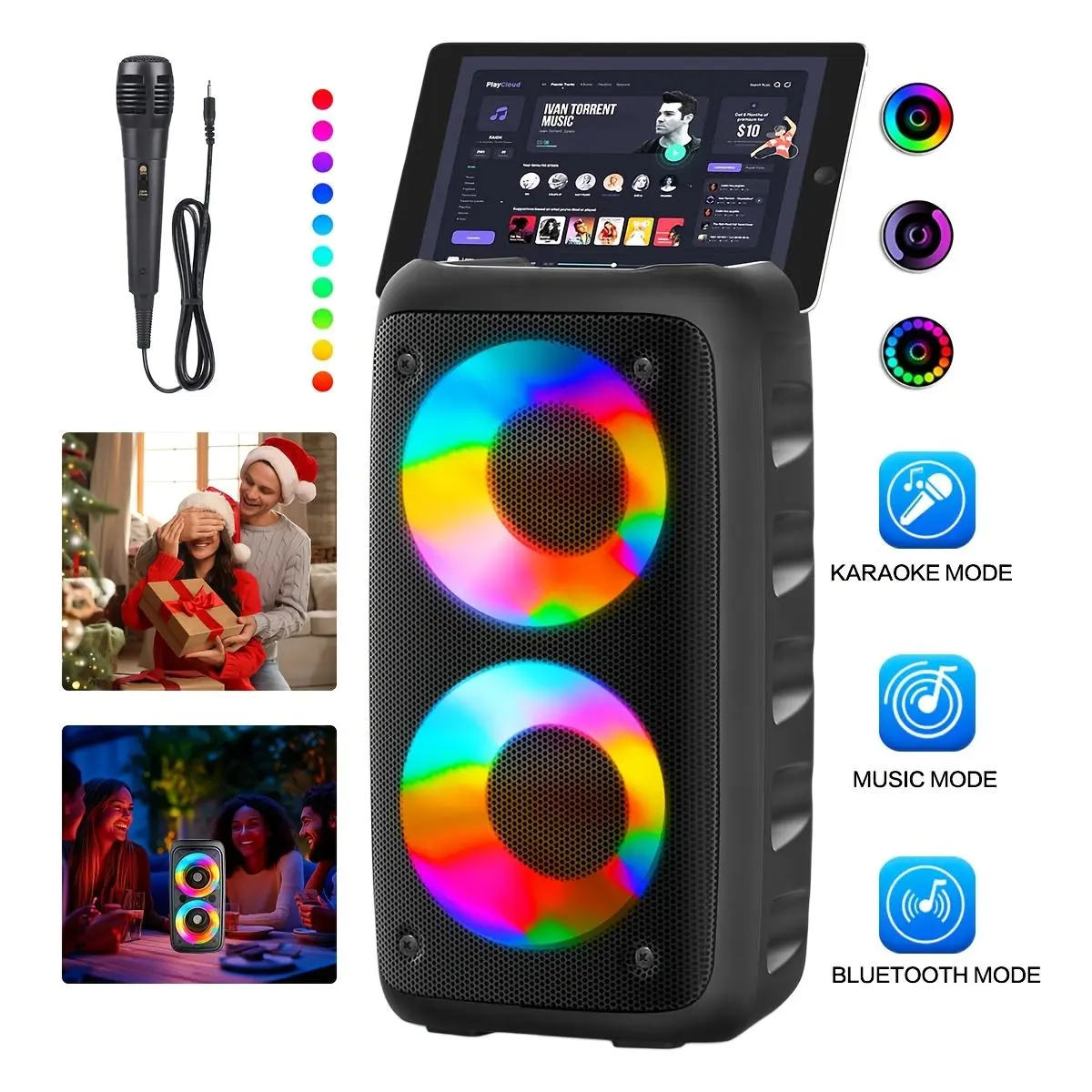 Portable Wireless Bluetooth Speaker - Dual 4" Subwoofer, Loud Bass & RGB Lights. Supports TWS, MIC, USB, AUX. Perfect for Outdoor Camping, Karaoke & Parties. Ideal Holiday Gift! Microphone with Stereo btspeaker,back to school,back to school haul