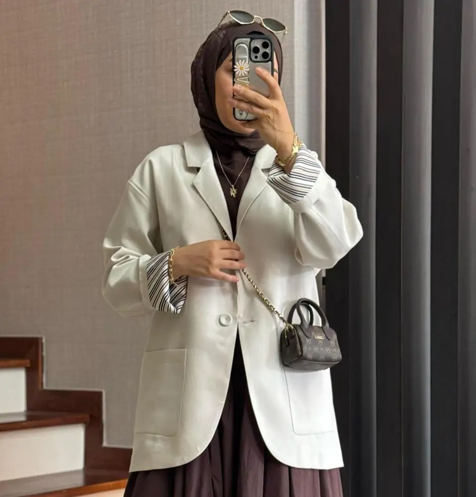 Muslim Women's Cotton-Blend Oversized Twill Blazer - Pale Beige