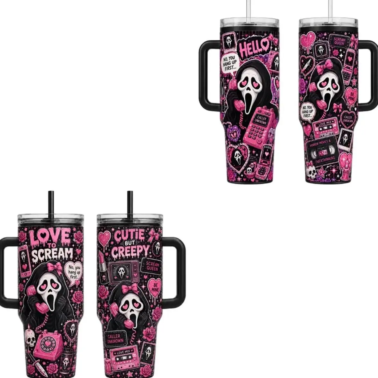 Scream Queen Inspired 20oz/30oz/40oz Stainless Steel Tumbler with Handle – Pink Horror Double Wall Vacuum Insulated Travel Mug, Cute but Creepy Halloween Fan Drinkware