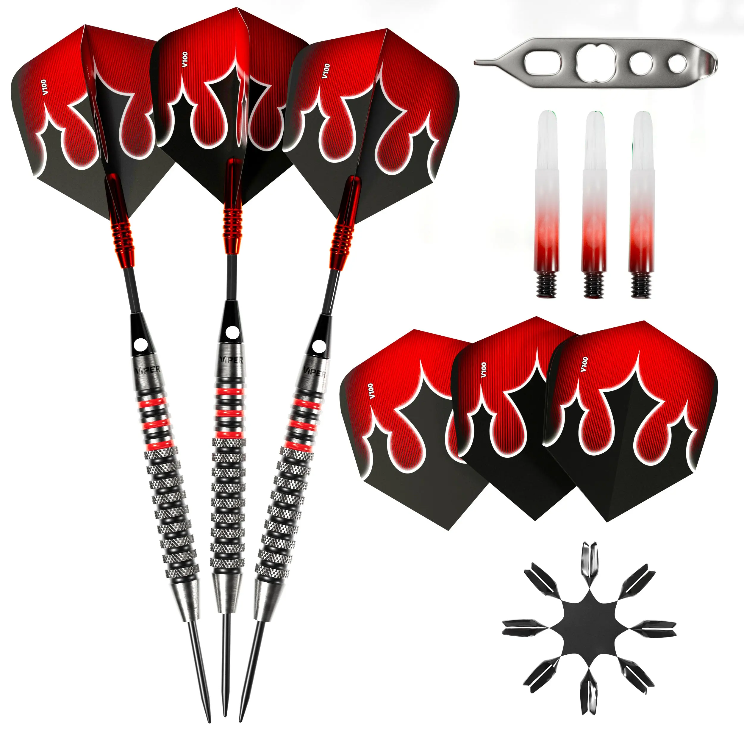 Viper Shot King Steel Tip Dart Set 80% Tungsten 22 Grams Red with Carbon Fiber Shafts & Complete Kit for Bristle Boards Darts Sets Darts Gear