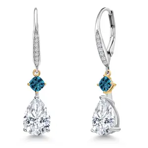 925 Silver and 10K Yellow Gold Gemstone Birthstone London Blue Topaz and Lab Grown Diamond Drop Dangle Earrings for Women | Pear 10X7MM & Cushion 3.5MM | Two-Tone Leverback Fine Earrings