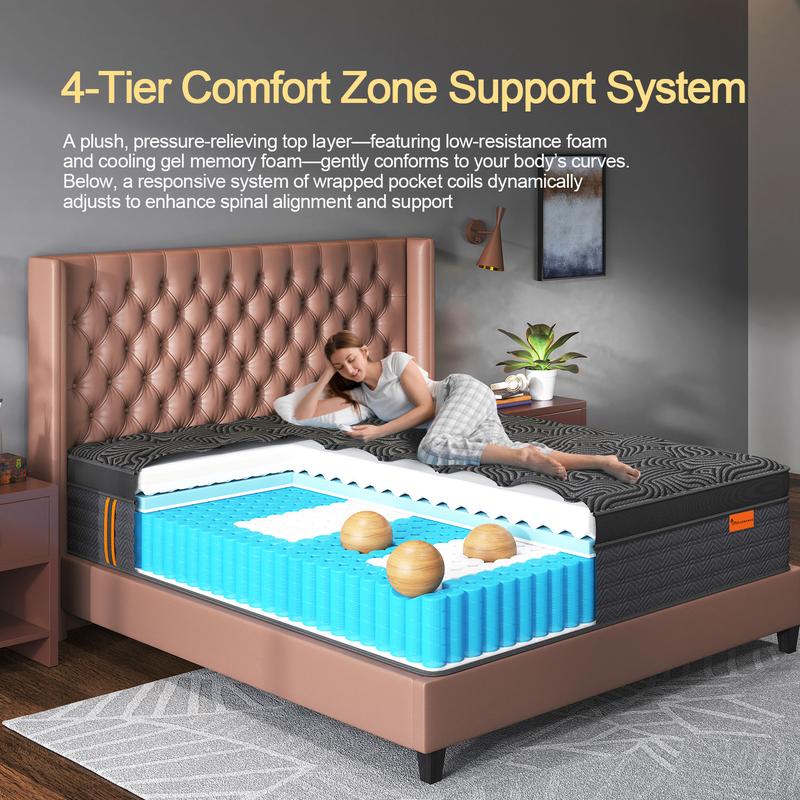 9"12"14" Twin Full Queen King Size Mattress in a Box Hybrid Spring Memory Foam, Medium Firm Ergonomic Mattress Back & Lumbar Support