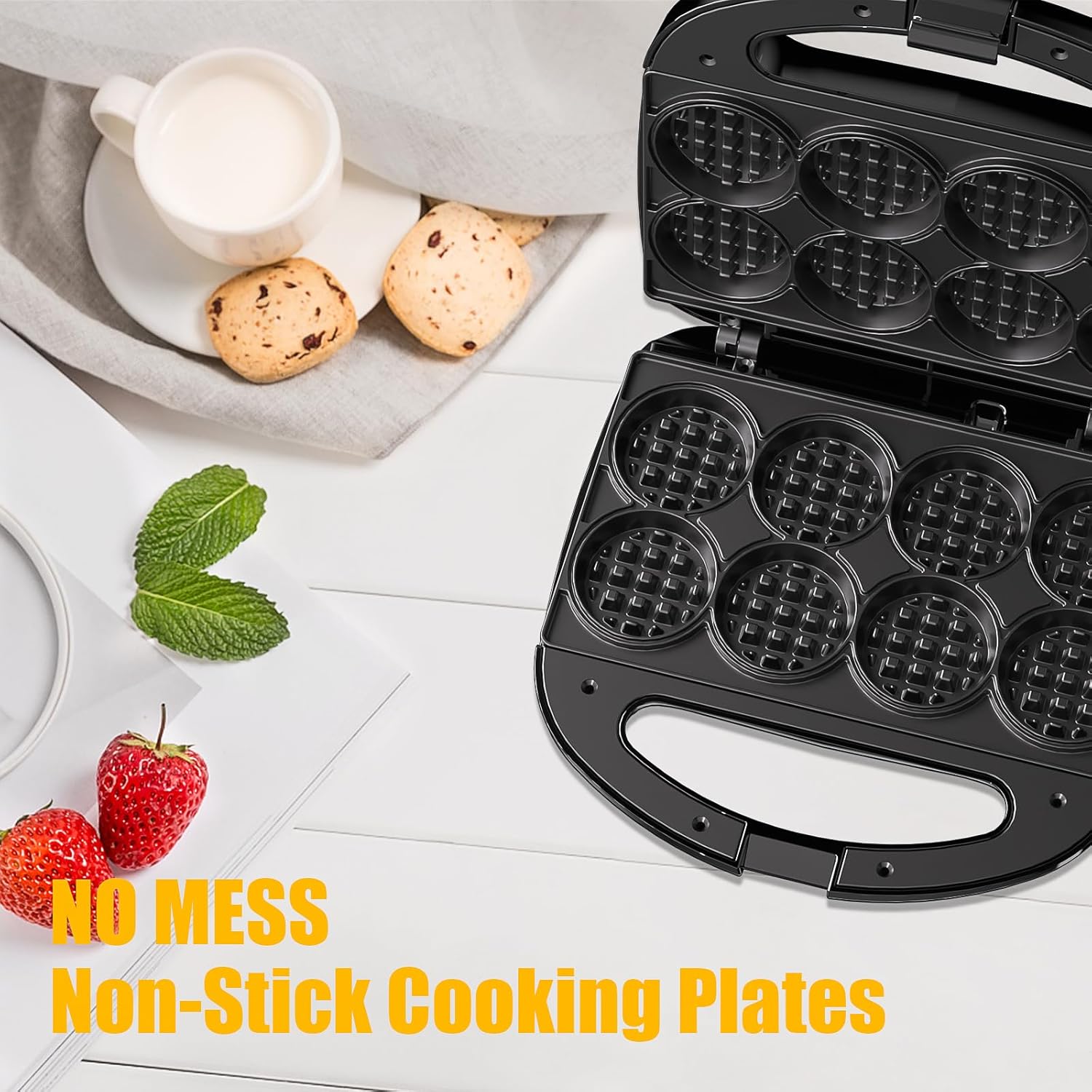 OSTBA Mini Waffle Maker: 750W Powerful Heating, Cooks 8 Waffles at Once, Fast & Even Cooking, Non-Stick & Easy Clean, Compact & Portable for Family Breakfast