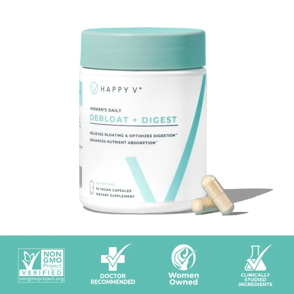 Happy V Debloat + Digest Capsules - 23 Digestive Enzymes for Bloating Relief & Gut Health - Natural Wellness Supplement for Digestive Support