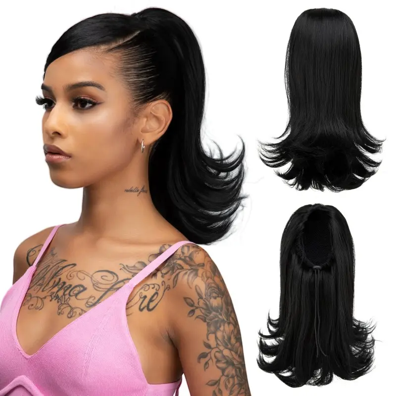 Women's Short Black Drawstring Ponytail Hair Extension, 14in Straight with End Curls, Synthetic Fake Hairpieces for Ponytail Hairstyles, Equipped with Comb, 14 In, Synthetic Hair Extensions, Friends And Family