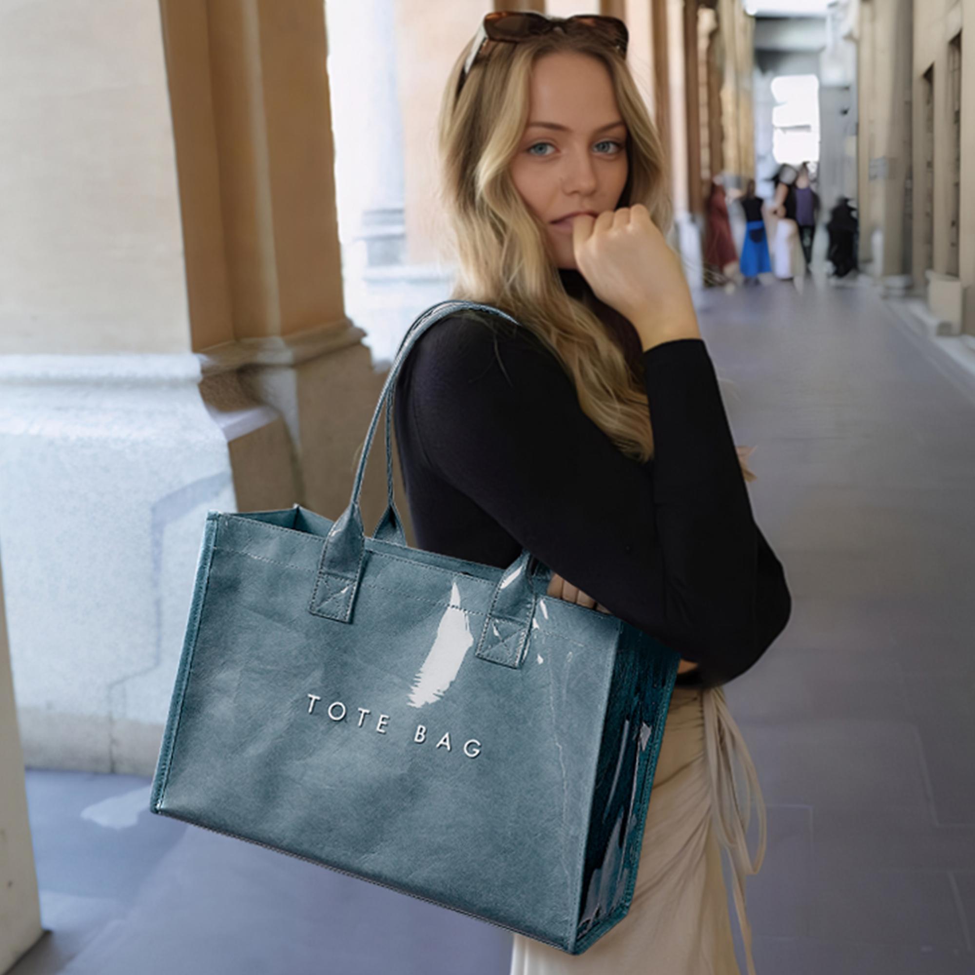 KALIDI PVC Tote Bag for Women, Waterproof Large Capacity Work & Beach Tote, Kraft Paper Shoulder Handbag with Top Handle for Travel & Everyday Use