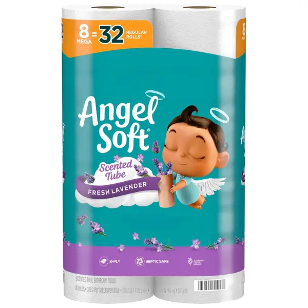 Soft Toilet Paper with Fresh Lavender Scented Tube, 8 Mega Rolls = 32 Regular Rolls, Soft and Strong Toilet Tissue Daily Use Strength