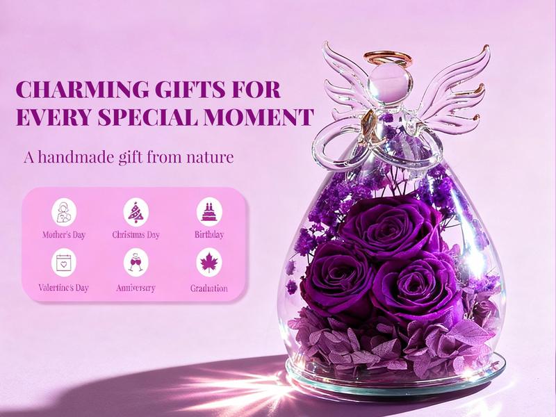 【Real Rose】DEEMEI Preserved Ross in Glass Angel Figurine Eternal Flower Valentine's Day Gift Idea for Her Mom Grandma Wife Women form Daughter