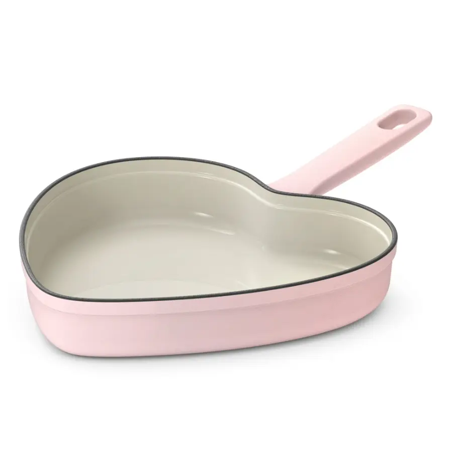 10" Heart-Shaped Enameled Cast Iron Skillet, Pink Champagne, Nonstick Frying Pan
