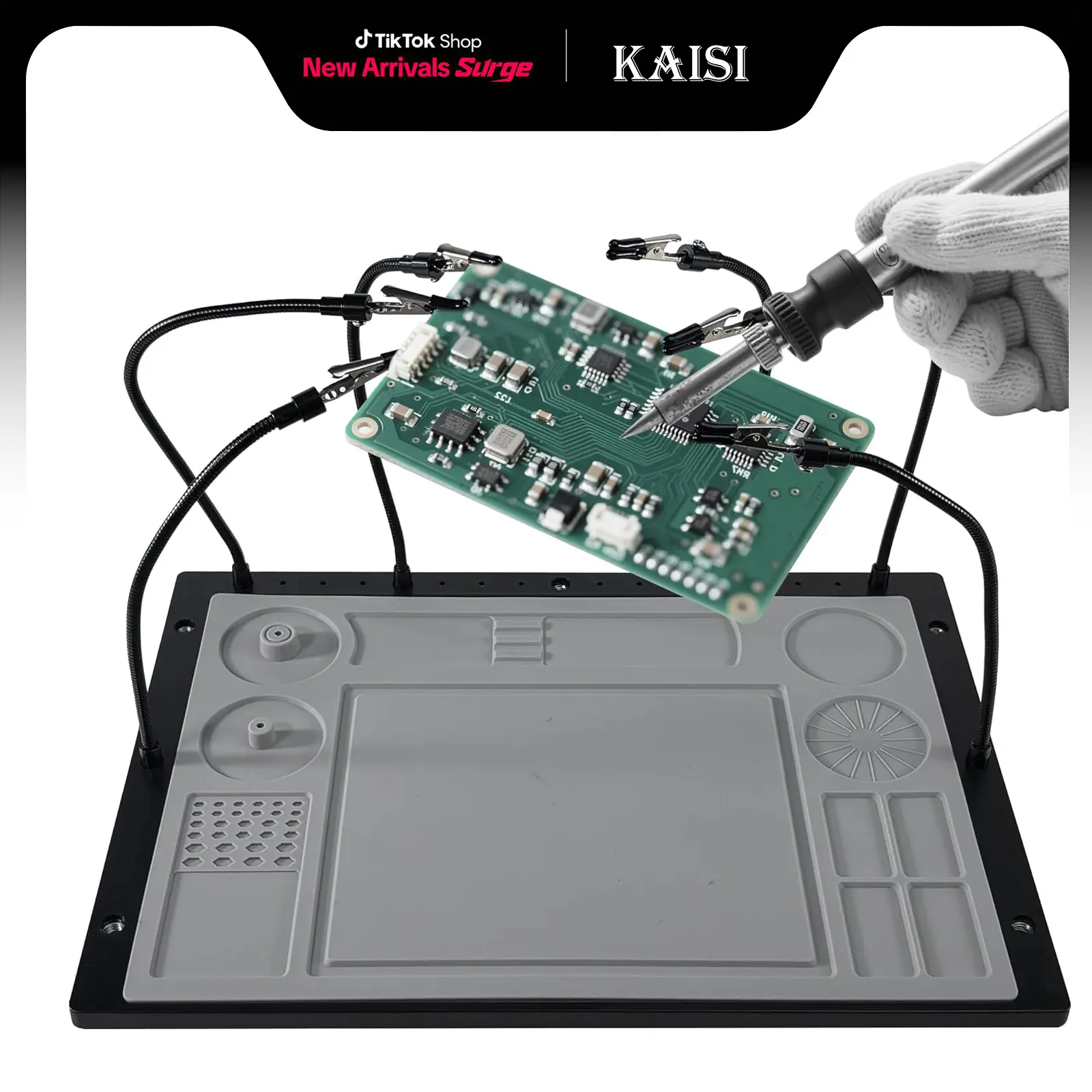 Kaisi 2-in-1 Design Heavy Duty Helping Hands Soldering Station - Heavy Duty Base, 6 Adjustable Flexible Metal Arms, Alligator Clips, Large High-Temp Safe Silicone Mat, Ideal for Circuit Repair, Jewelry Styling, Hobbies, Diy Crafts