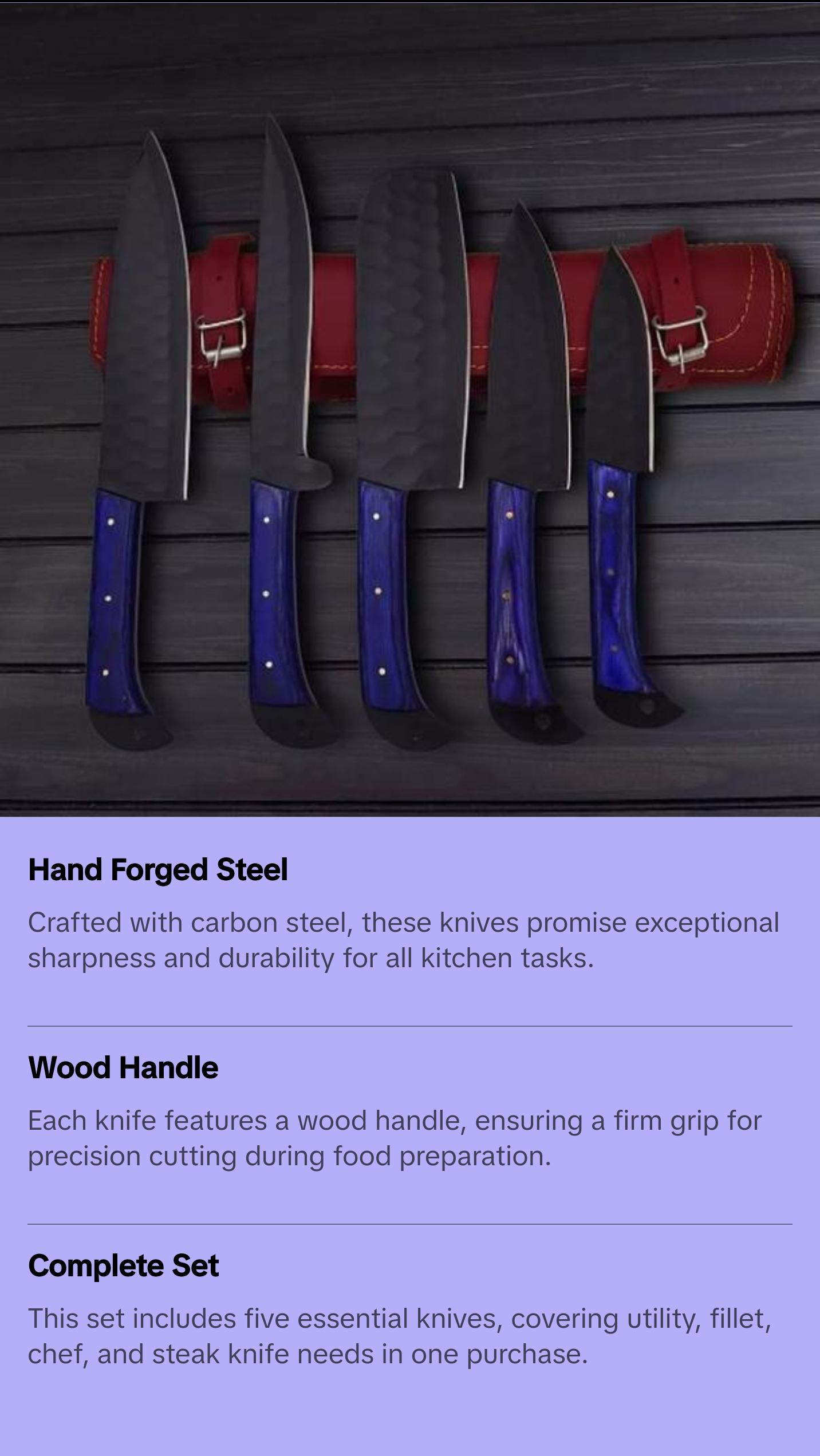 Handmade Chef knife Set, Kitchen Knives, Black Knives, Blue Knives, Meat Cleaver, Paring Knife, Bread Knife, Sharp Knife, Kitchen Knife Set, Carbon Steel. 2432