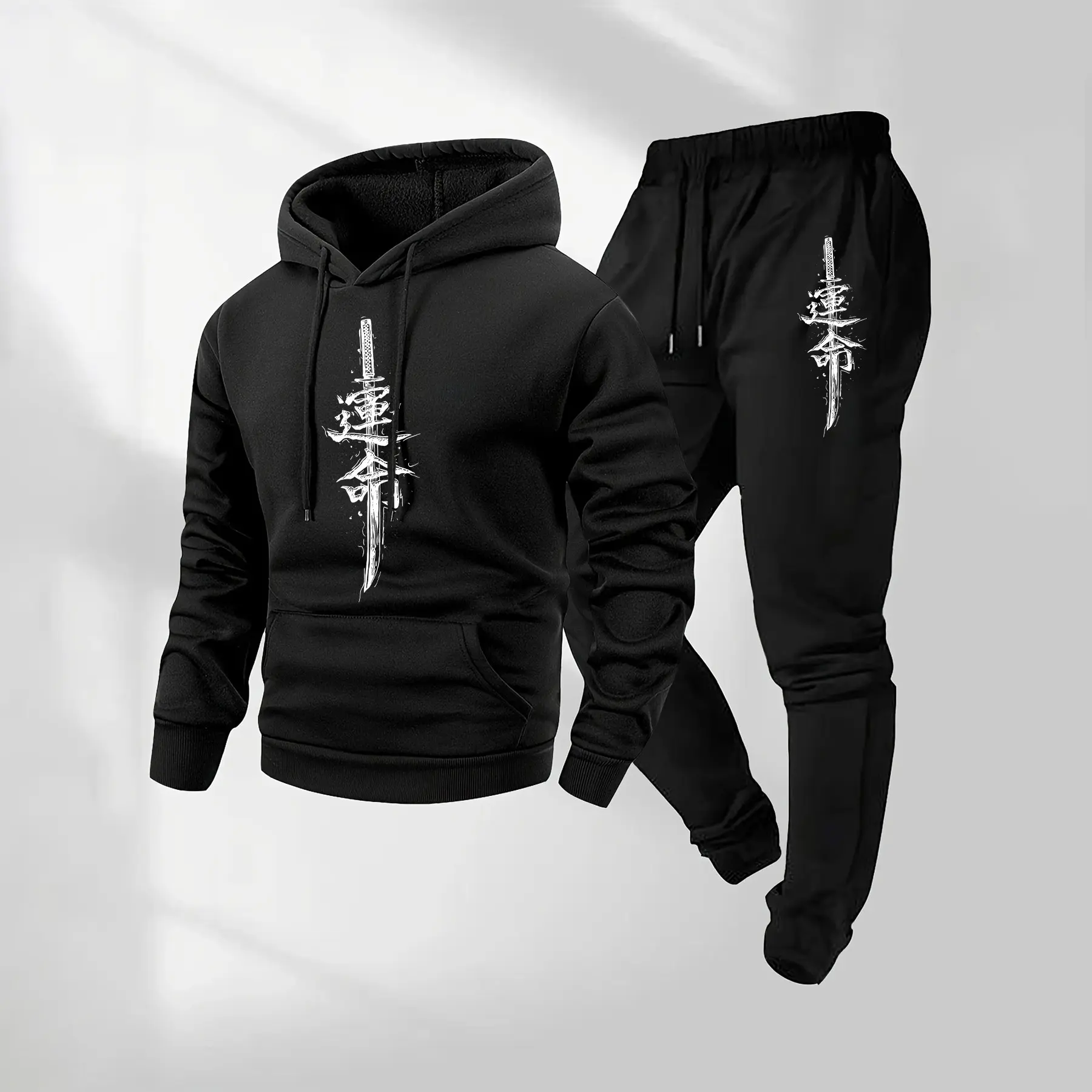 Men's 2-Piece Chinese Print Tracksuit - Long-Sleeve Hoodie, Drawstring Sweatpants with Pockets, Fall-Winter Loose-Fitting Casual Sports Outfit, Tracksuit Uniform, Machine Washable Breathable Workout Gym Clothing, Sporty Style Outfits, Training Clothes