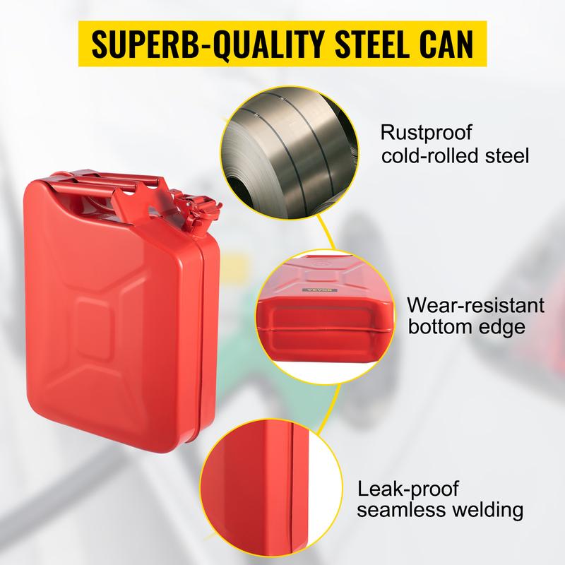 VEVOR Jerry Fuel Can, Various specifications, 5.3 Gallon / 20 L Portable Jerry Gas Can with Flexible Spout System, Rustproof ＆ Heat-resistant Steel Fuel Tank for Cars Trucks Equipment, Red， Authentic NATO Jerry Can
