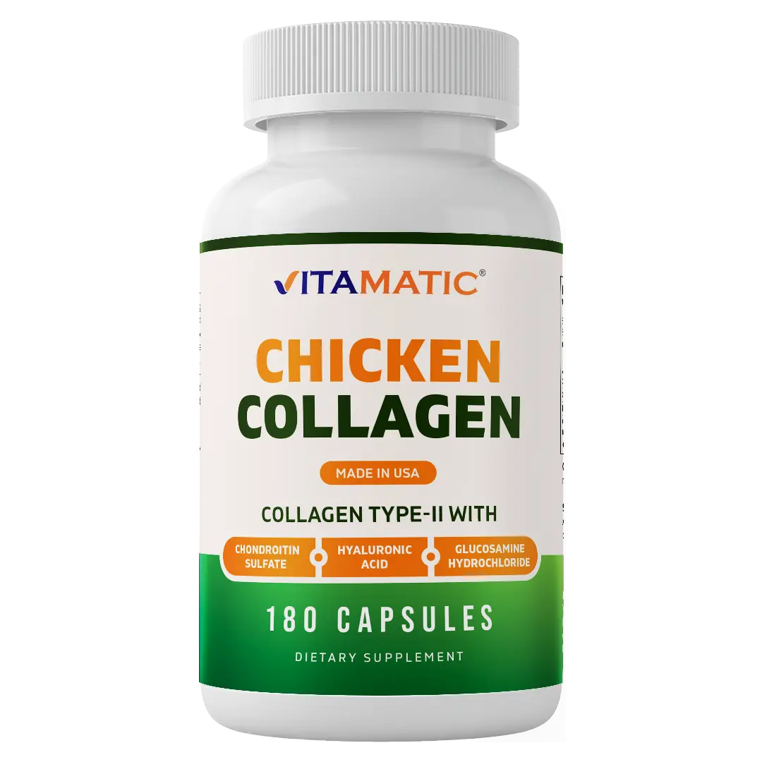 Vitamatic Chicken Collagen Edible Beauty Supplement - 3000 mg Per Serving, Glucosamine Hydrochloride, Chondroitin, Hyaluronic Acid, 180 Capsules in a Bottle, Non-GMO, Gluten Free, Sugar Free, Skin Care & Joint Health Support, Daily Nutritional Boost, Coll