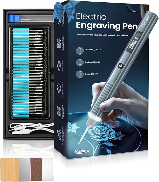 Engraving Pen with Diamond Bits Vanlgs Engraving Pen for Metal, Wood, Glass, Plastic, Cordless DIY Etching Tool with LED Light, 5 Variable Speed, Rechargeable 31Bits Craft Kit Gifts for Teens Adults Beginners (Grey Pro)