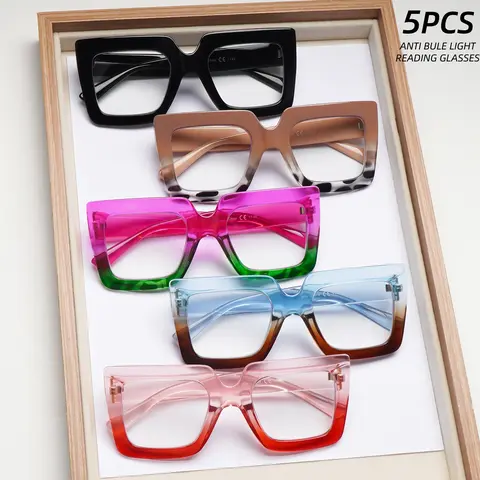 5 Pack Reading Glasses for Women Fashion Blue Light Blocking Anti Glare Square Oversized Spring Hinge Multi Color Computer Eyeglasses