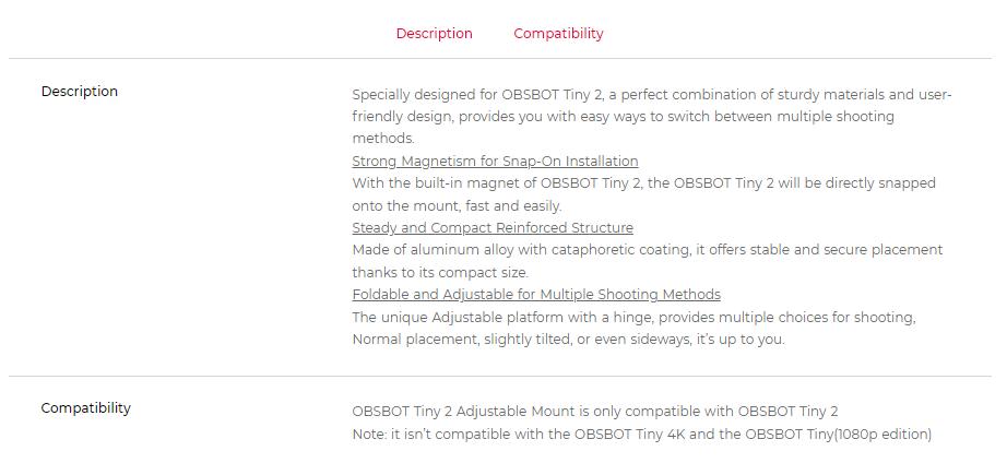 OBSBOT Tiny 2 Adjustable Mount