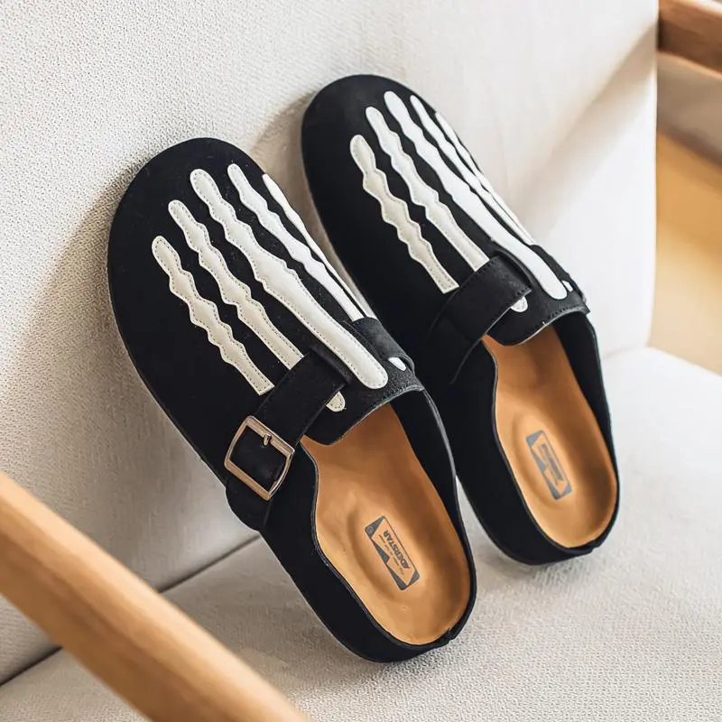 Men's Suede Skeleton Design Slip-On Flat Ankle Walking Shoes - No Heel, 1-Pedal Slip On Mules, Soft Comfortable Clogs for Everyday Wear