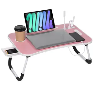 23 Inch Portable Laptop Bed Desk,Foldable LaptopTable Bed Tray with Storage Drawer,4 USB Ports and Cup Holder,for Working Reading Writing, Eating, Watching Movies for Bed Sofa Couch Floor