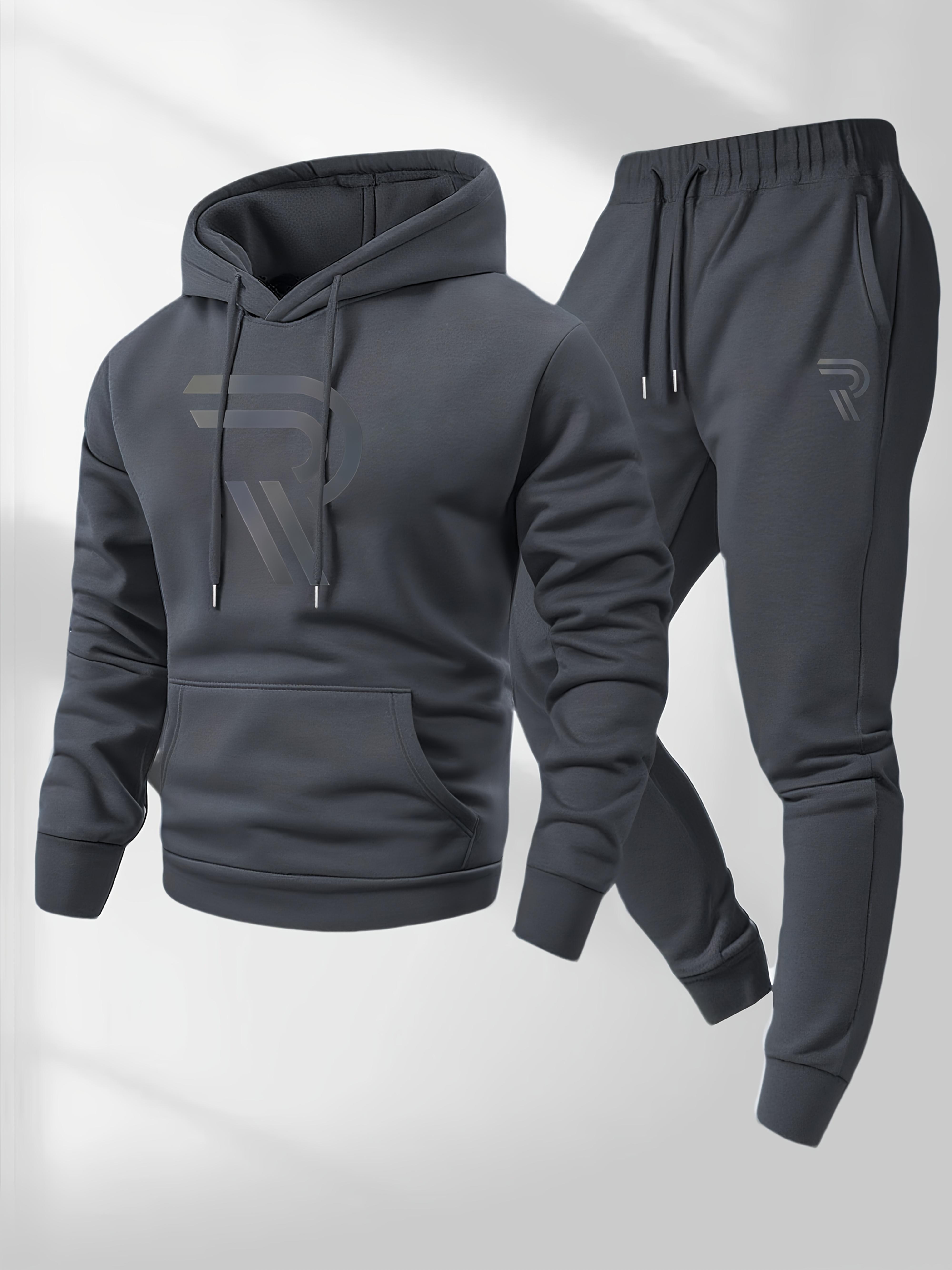Men's sports two-piece hooded sweatshirt and pants set - gray with black logo, non stretch fabric, regular style, pocket, suitable for autumn and winter, casual wear | hooded sweatshirt | pocket pants, sweater hooded sweatshirt