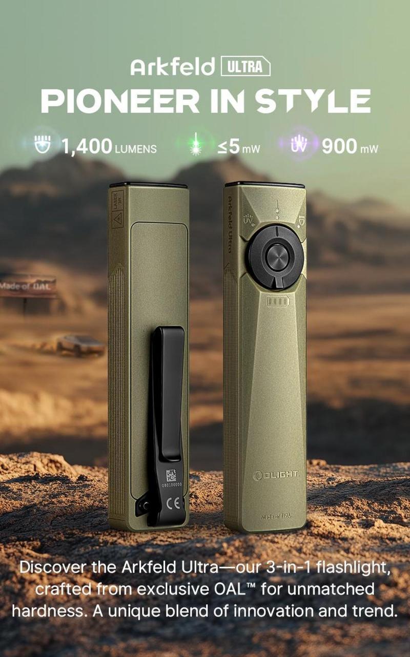 OLIGHT Arkfeld Pro Rechargeable EDC Flashlight with Green Beam, UV Light and White LED Combo, 1300 Lumens Flat Flashlights for Emergency