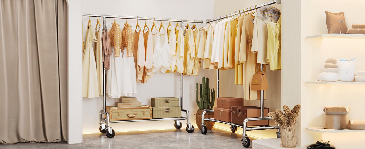 BePatio Clothing Rack for Drying,  Extendable & Height Adjustable Coat Clothing Rack with 4 Hooks for  Bedroom,Laundry,Outdoor,Clothing Store, Clothes Racks for Closet Holds Up to 220LBS,Portable Rolling Garment Rack with Lockable Wheels