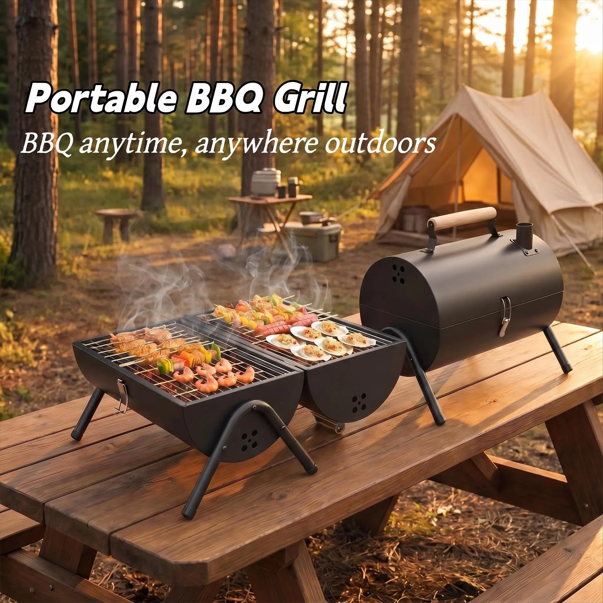 Sturdy Compact Tabletop Charcoal Grill for Motorhomes, Car Camping - Dual-Zone Heat Adjustment, Detachable Easy-Clean Design, Adjustable Air Vents, Tailgate Parties Use