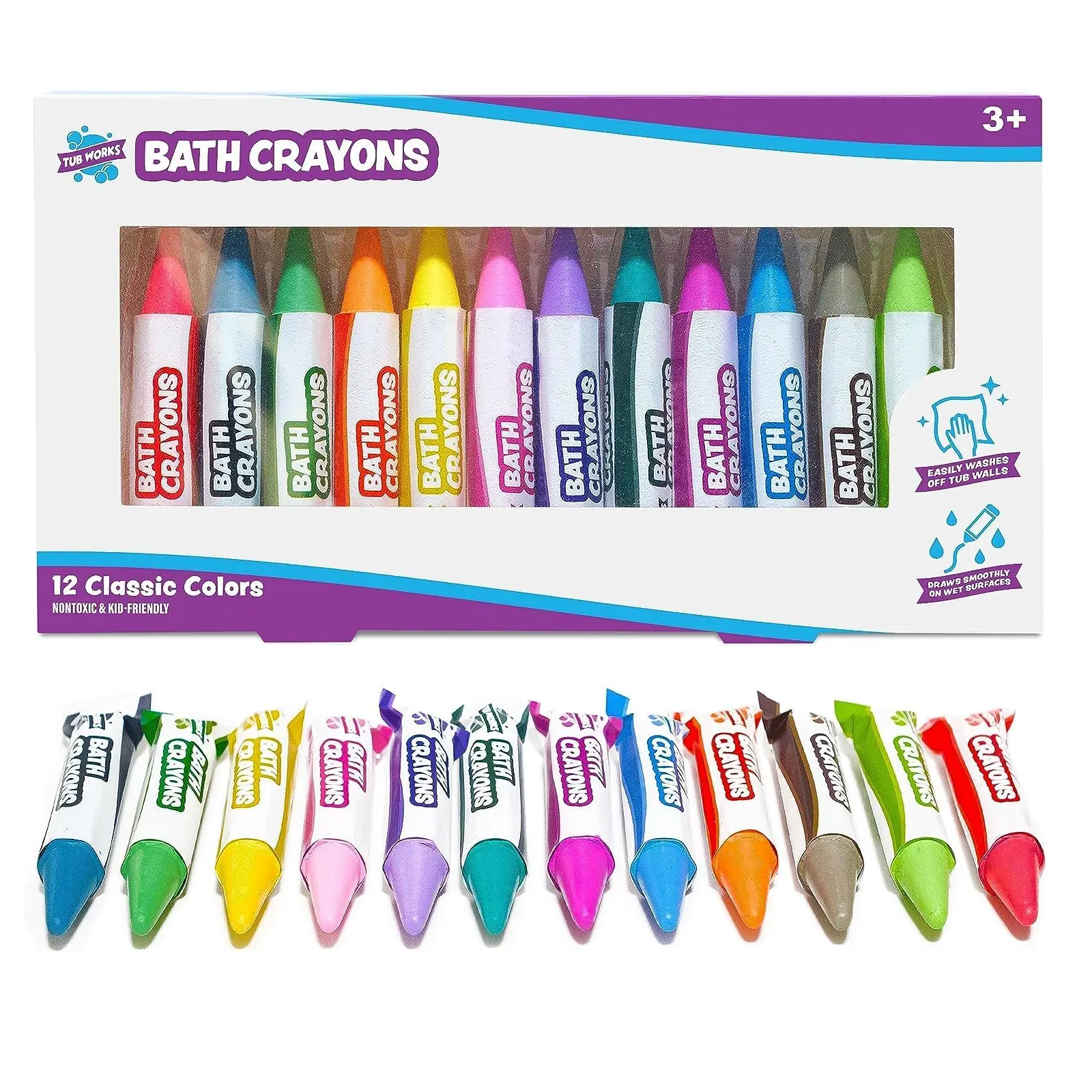 Tub Works 12-Pack Bath Crayons for Kids 3+, Non-Toxic, BPA-Free, Phthalate-Free, Washable Vivid Colors, Easy Grip for Wet-Dry Surfaces, Bath Time Art Supplies with Reusable Box for Children Development