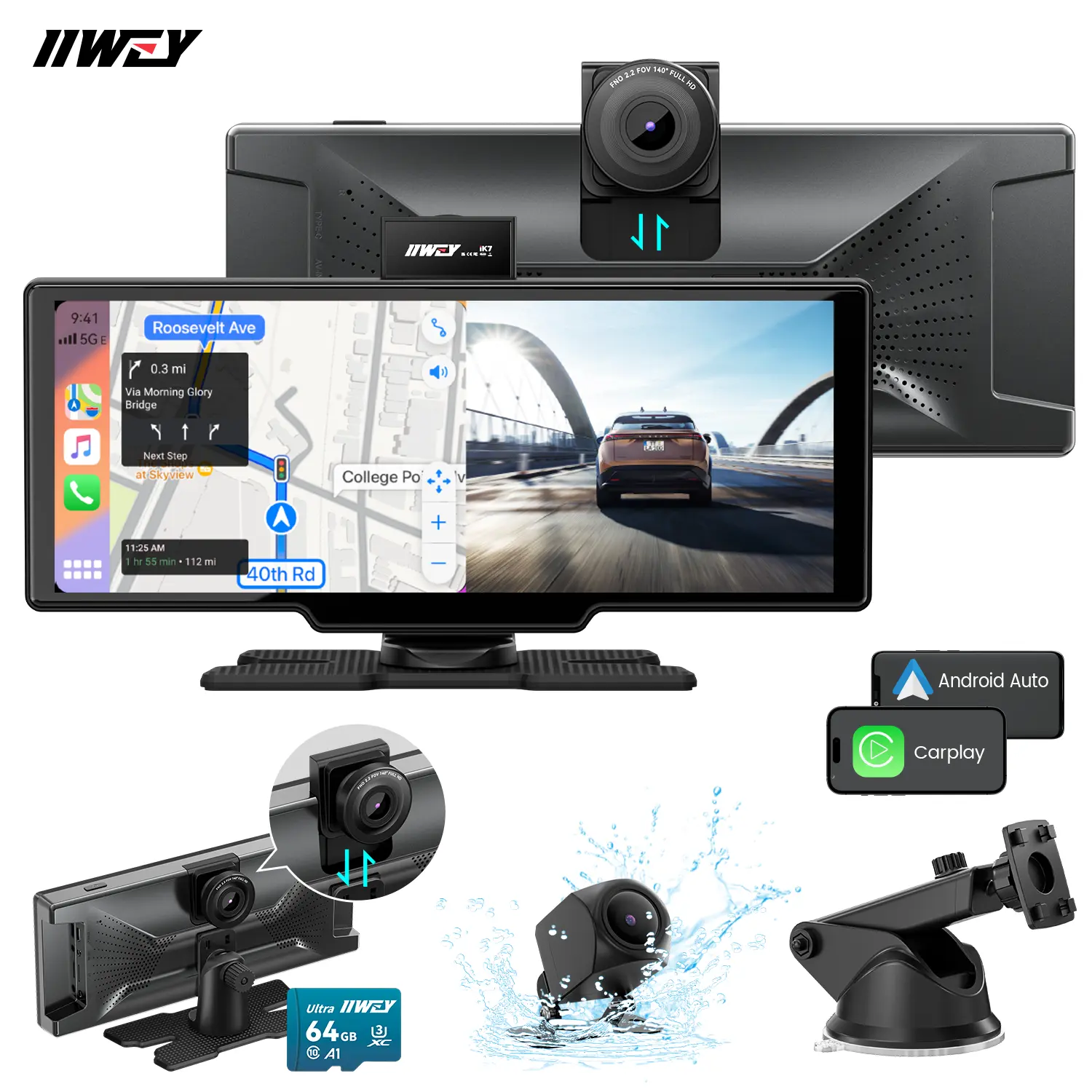 【IIWEY iK7】 10-Inch Portable Car Video Player with Wireless CarPlay Screen, 4K Dash Cam, 1080P Backup Camera, Android Auto, 64GB Storage, GPS Navigation, Car Screen Display, Car Video Players