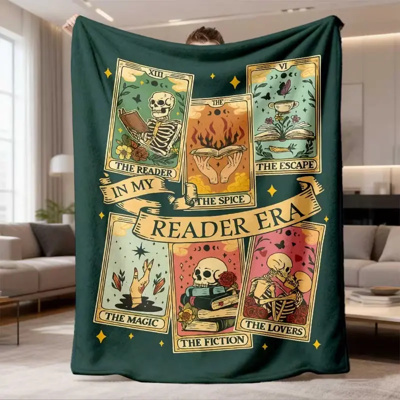 In My Reader Era Tarot Card Fleece Throw Blanket, Vintage Book Lover Skeleton Dark Academia Flannel Blanket, Soft Lightweight All-Season Cozy Throw for Couch Bed Reading Nook, Witchy Gothic Bookish Decor, Perfect Christmas Birthday Gift