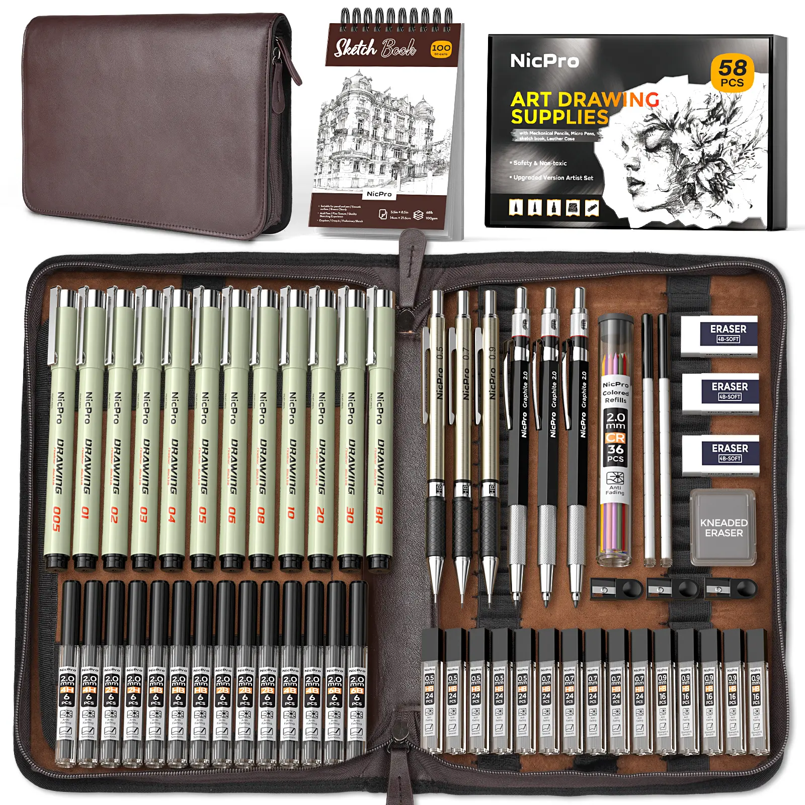 Nicpro 58 PCS Mechanical Pencil Set in Leather Case - Compact Metal Drafting Graphite Pencils (0.5,0.7,0.9,2mm), 12 Micron Pens, 30 Tube Lead Refills, Art Crafting Kit - Office Stationery, School Supplies, Unique Gifts for Man, Cool Stuff for Teen Boys