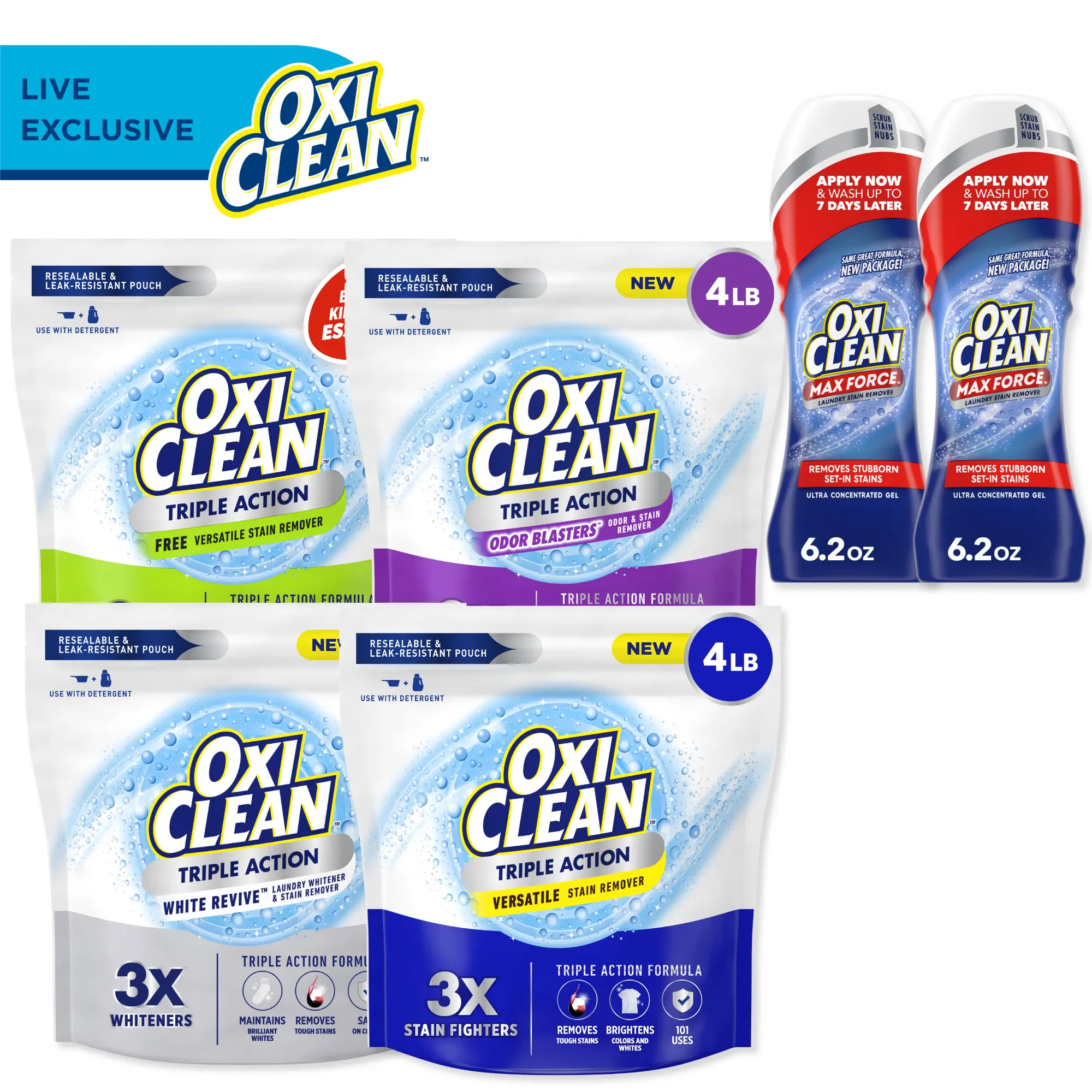OxiClean LIVE Try It All Laundry Bundle with 4lb Variety Pack of Triple Action Laundry Powder + Max Force Gel Stick, White Revive, Odor Blasters, Versatile Stain Remover