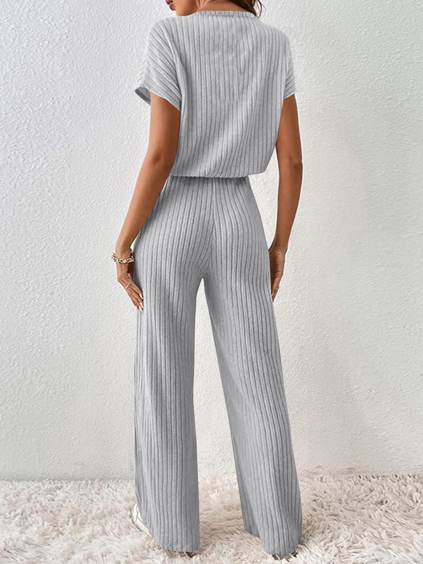 Women's Solid Shortsleeve Crewneck Ribbed Top & Wide Leg Pants Minimalist Casual Fitted Fashion Cozy Top & Trousers for Daily Outdoor Wear Ladies Clothes for Summer Womenswear Yoga Clothes Set Black Batwing Suits Suits