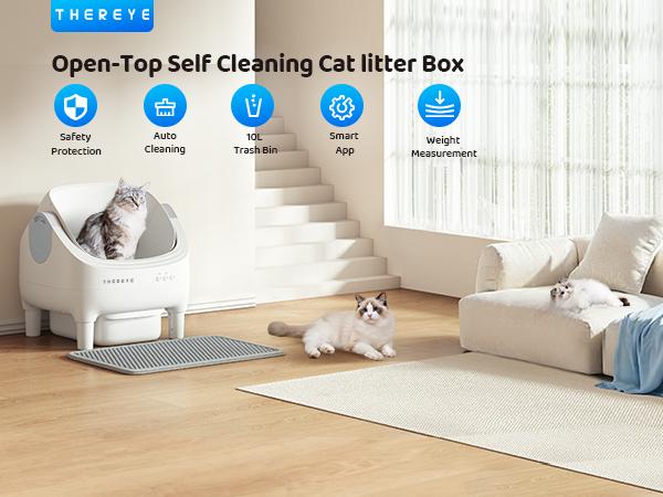Thereye Open-Top Self-Cleaning Cat Litter Box, Automatic with App Control Wifi Odor-Free Waste Disposal Includes Trash Bags Litterbox for kittens weighing from 3 to 30 pounds. Thereye Open-Top Self-Cleaning Cat Litter Box, Automatic with App Control Wifi Odor-Free Waste Disposal Includes Trash Bags Litterbox for kittens weighing from 3 to 30 pounds.